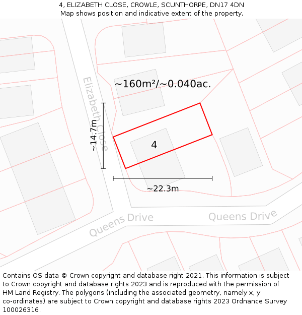 4, ELIZABETH CLOSE, CROWLE, SCUNTHORPE, DN17 4DN: Plot and title map