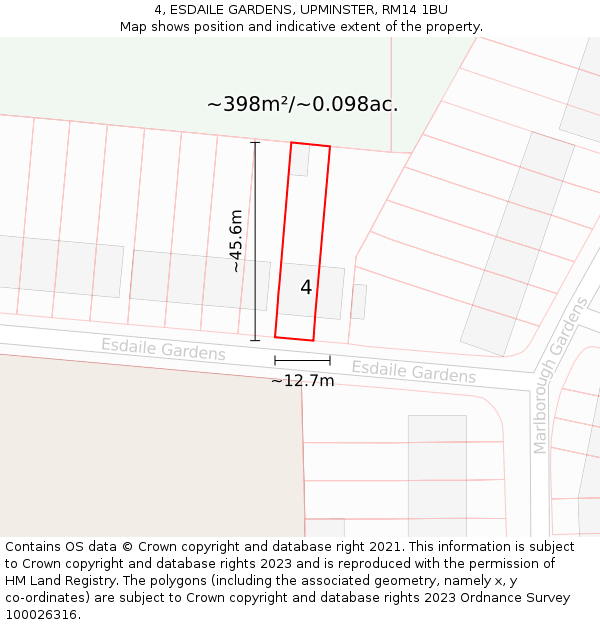 4, ESDAILE GARDENS, UPMINSTER, RM14 1BU: Plot and title map