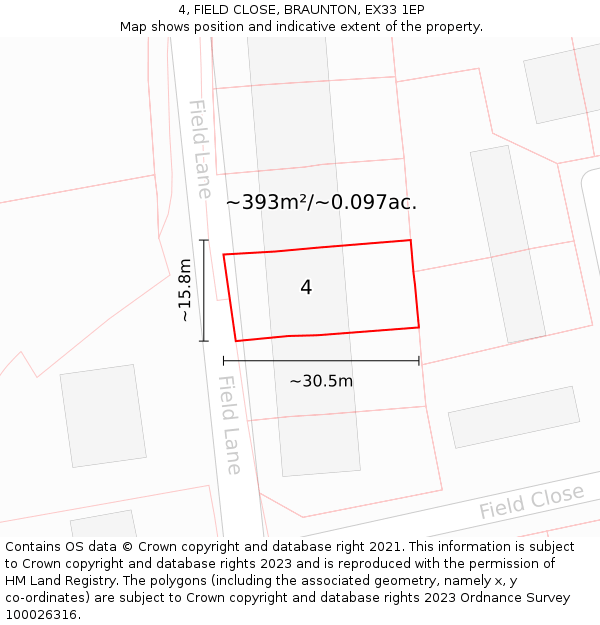 4, FIELD CLOSE, BRAUNTON, EX33 1EP: Plot and title map