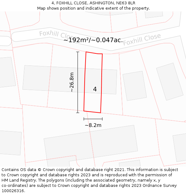 4, FOXHILL CLOSE, ASHINGTON, NE63 8LR: Plot and title map