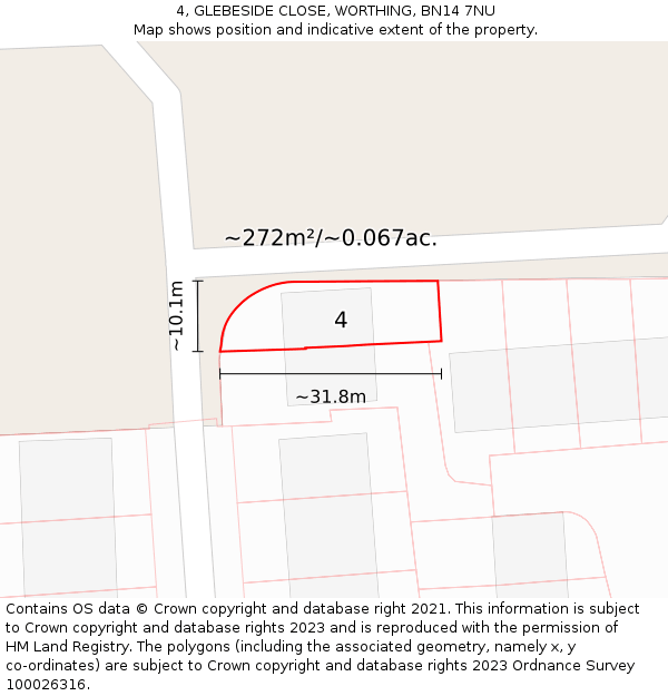 4, GLEBESIDE CLOSE, WORTHING, BN14 7NU: Plot and title map