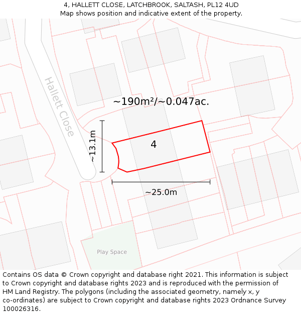 4, HALLETT CLOSE, LATCHBROOK, SALTASH, PL12 4UD: Plot and title map