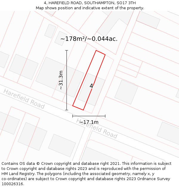 4, HAREFIELD ROAD, SOUTHAMPTON, SO17 3TH: Plot and title map