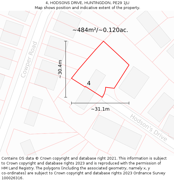 4, HODSONS DRIVE, HUNTINGDON, PE29 1JU: Plot and title map