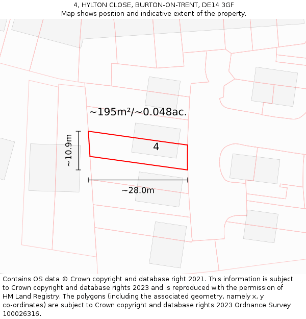4, HYLTON CLOSE, BURTON-ON-TRENT, DE14 3GF: Plot and title map
