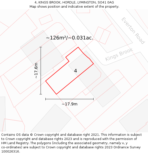 4, KINGS BROOK, HORDLE, LYMINGTON, SO41 0AG: Plot and title map