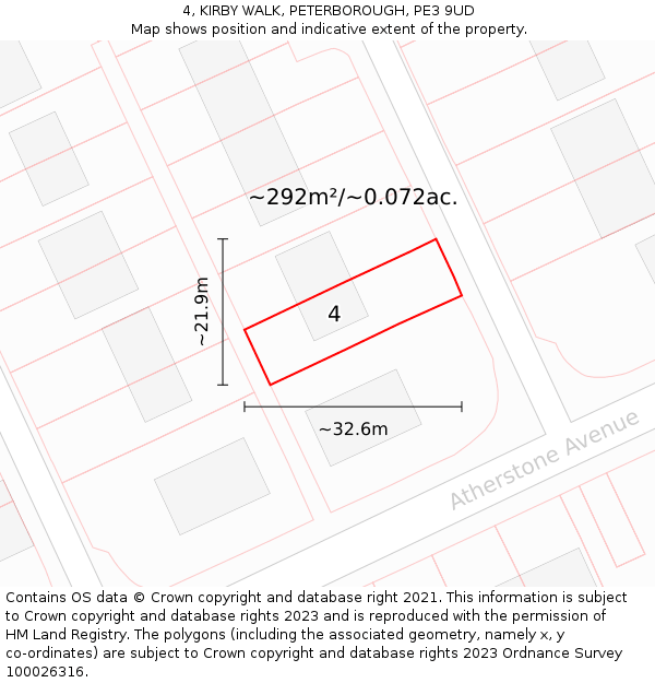 4, KIRBY WALK, PETERBOROUGH, PE3 9UD: Plot and title map