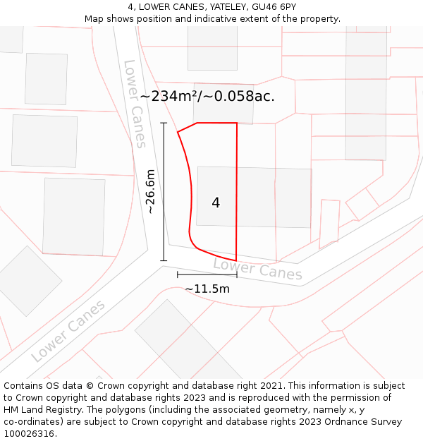 4, LOWER CANES, YATELEY, GU46 6PY: Plot and title map