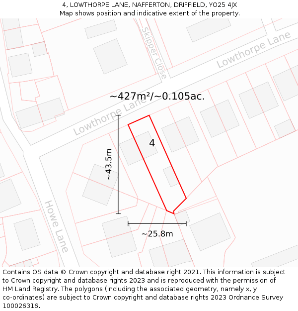 4, LOWTHORPE LANE, NAFFERTON, DRIFFIELD, YO25 4JX: Plot and title map