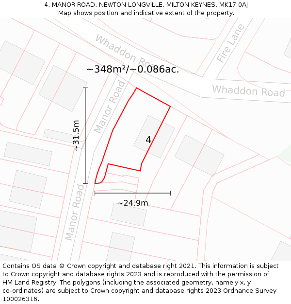 4, MANOR ROAD, NEWTON LONGVILLE, MILTON KEYNES, MK17 0AJ: Plot and title map