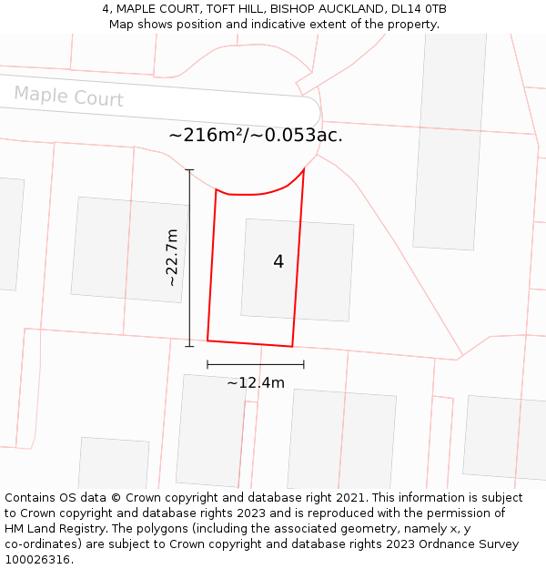 4, MAPLE COURT, TOFT HILL, BISHOP AUCKLAND, DL14 0TB: Plot and title map