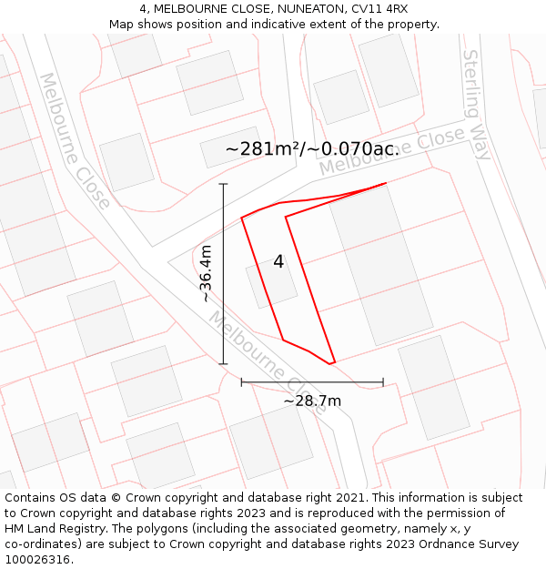 4, MELBOURNE CLOSE, NUNEATON, CV11 4RX: Plot and title map