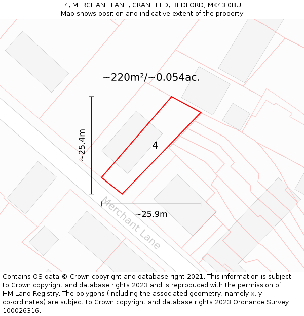 4, MERCHANT LANE, CRANFIELD, BEDFORD, MK43 0BU: Plot and title map