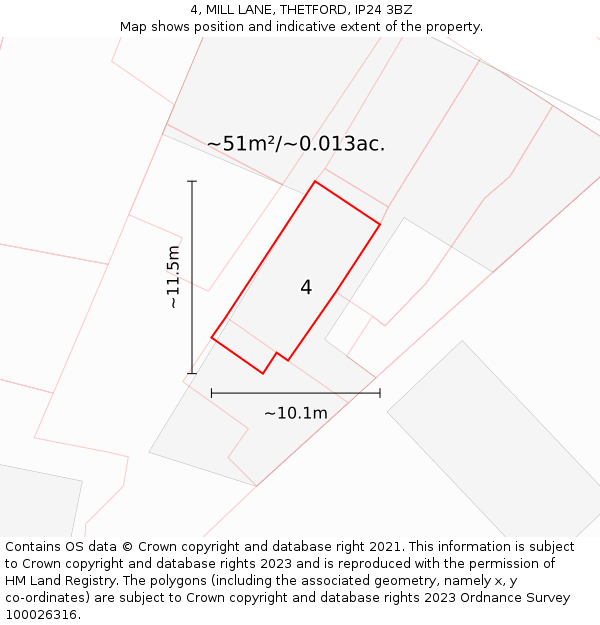 4, MILL LANE, THETFORD, IP24 3BZ: Plot and title map