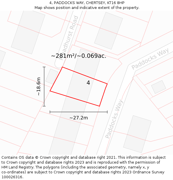 4, PADDOCKS WAY, CHERTSEY, KT16 8HP: Plot and title map