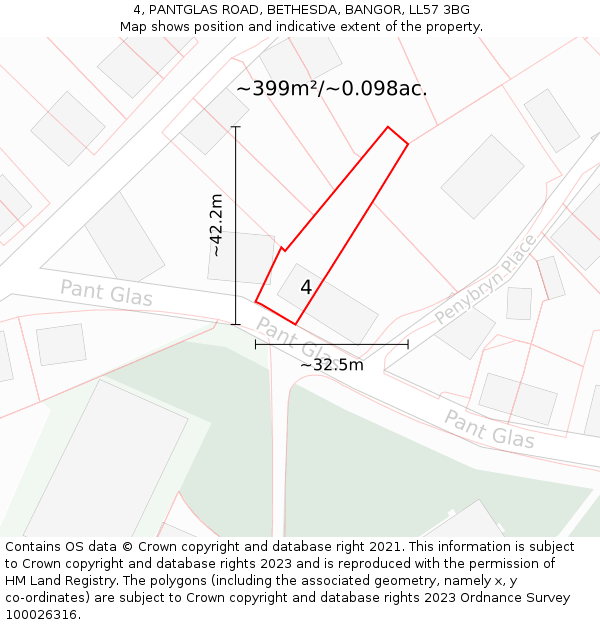 4, PANTGLAS ROAD, BETHESDA, BANGOR, LL57 3BG: Plot and title map