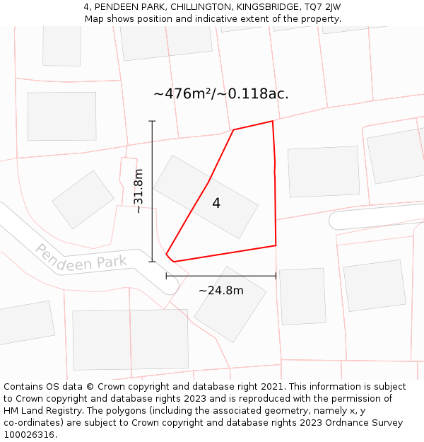 4, PENDEEN PARK, CHILLINGTON, KINGSBRIDGE, TQ7 2JW: Plot and title map