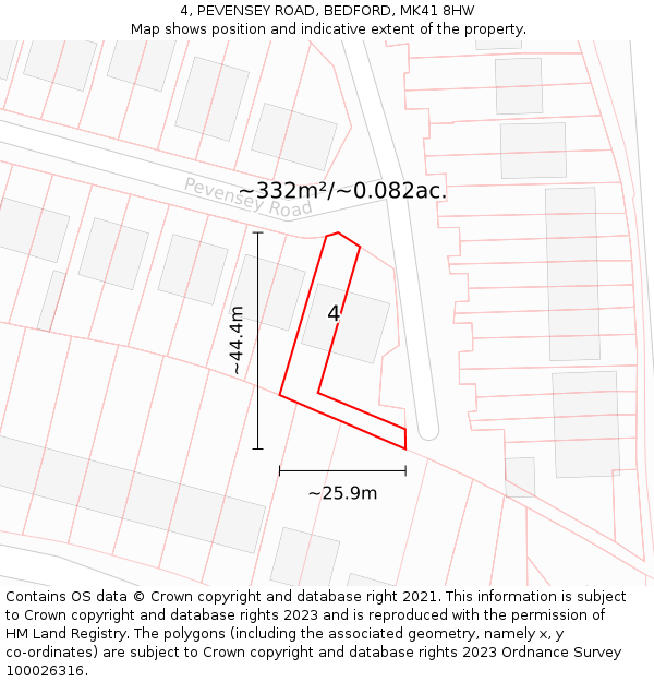 4, PEVENSEY ROAD, BEDFORD, MK41 8HW: Plot and title map