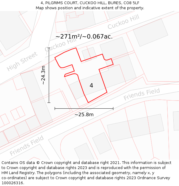 4, PILGRIMS COURT, CUCKOO HILL, BURES, CO8 5LF: Plot and title map