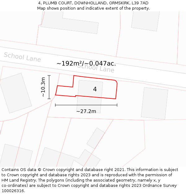 4, PLUMB COURT, DOWNHOLLAND, ORMSKIRK, L39 7AD: Plot and title map