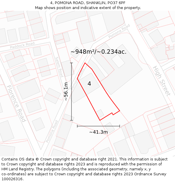 4, POMONA ROAD, SHANKLIN, PO37 6PF: Plot and title map