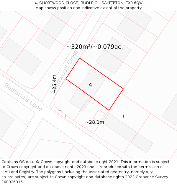 4, SHORTWOOD CLOSE, BUDLEIGH SALTERTON, EX9 6QW: Plot and title map