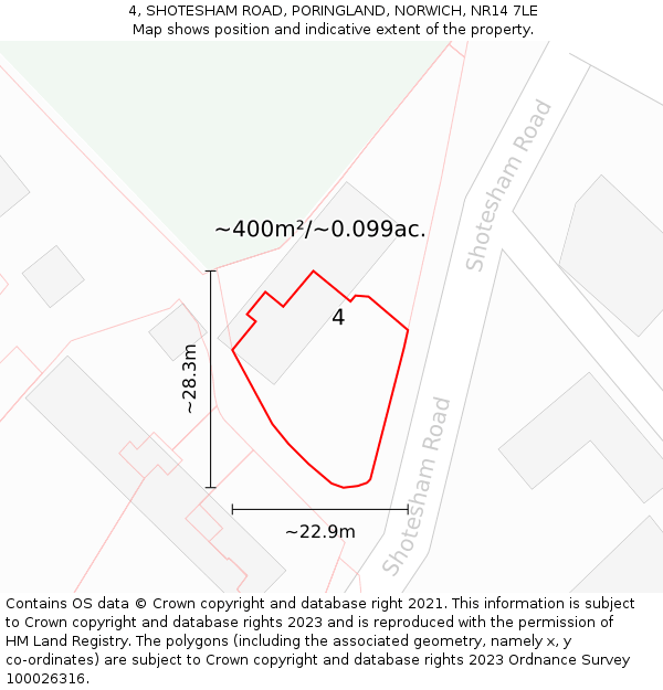 4, SHOTESHAM ROAD, PORINGLAND, NORWICH, NR14 7LE: Plot and title map