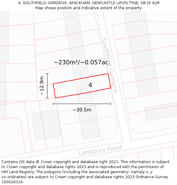 4, SOUTHFIELD GARDENS, WHICKHAM, NEWCASTLE UPON TYNE, NE16 4QR: Plot and title map