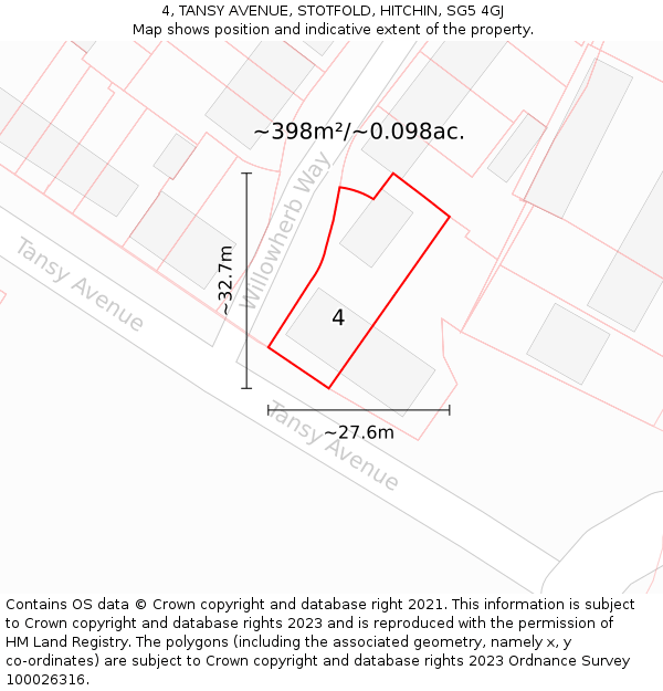 4, TANSY AVENUE, STOTFOLD, HITCHIN, SG5 4GJ: Plot and title map