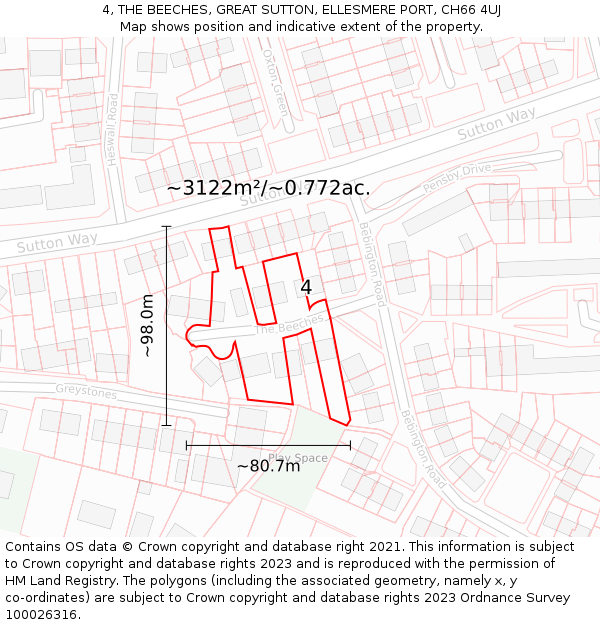 4, THE BEECHES, GREAT SUTTON, ELLESMERE PORT, CH66 4UJ: Plot and title map