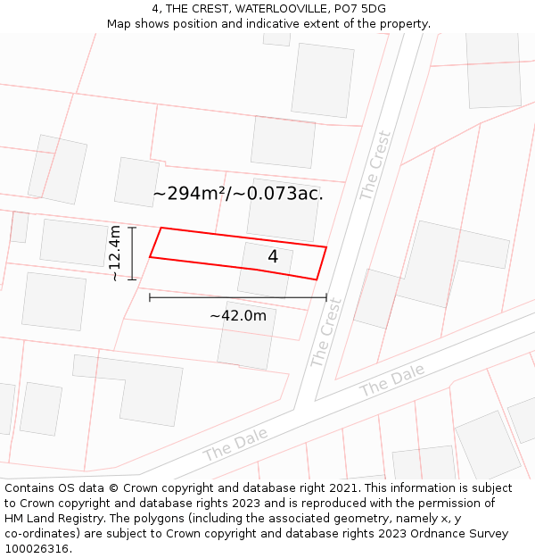 4, THE CREST, WATERLOOVILLE, PO7 5DG: Plot and title map