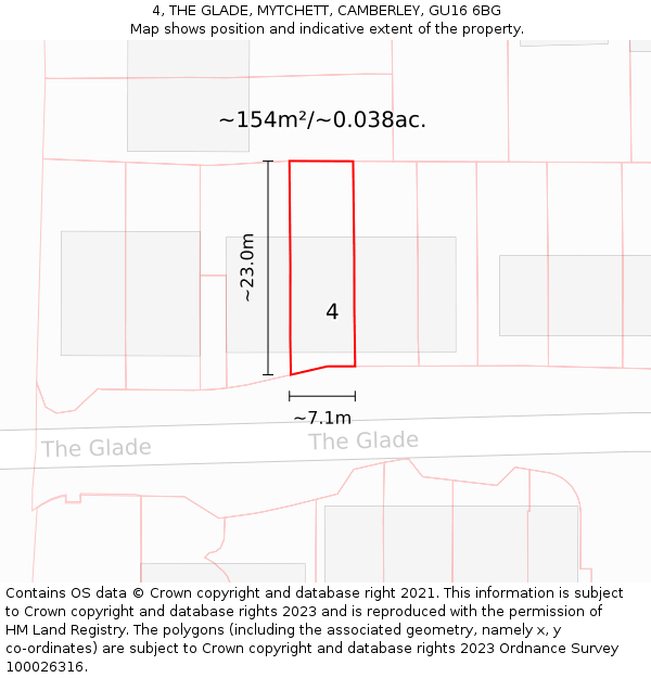 4, THE GLADE, MYTCHETT, CAMBERLEY, GU16 6BG: Plot and title map