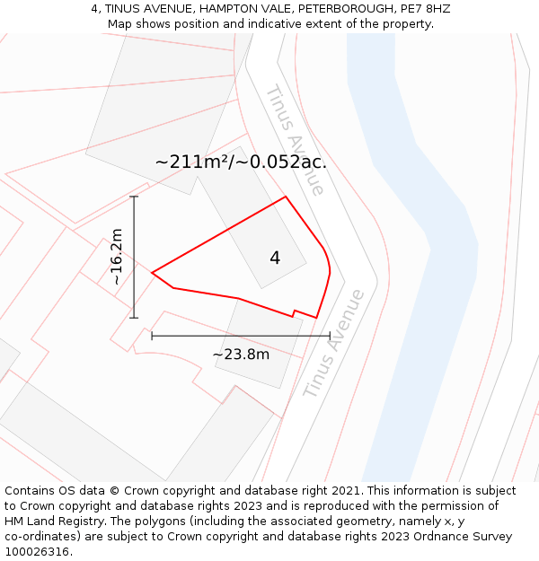 4, TINUS AVENUE, HAMPTON VALE, PETERBOROUGH, PE7 8HZ: Plot and title map