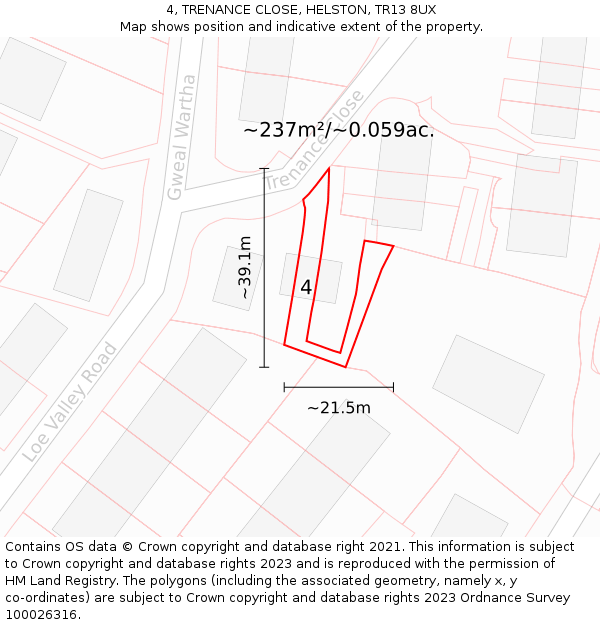 4, TRENANCE CLOSE, HELSTON, TR13 8UX: Plot and title map