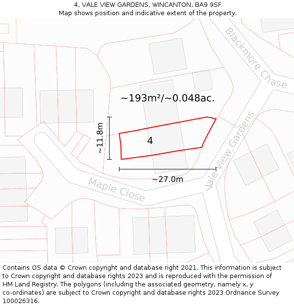 4, VALE VIEW GARDENS, WINCANTON, BA9 9SF: Plot and title map