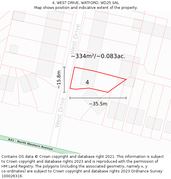 4, WEST DRIVE, WATFORD, WD25 0AL: Plot and title map