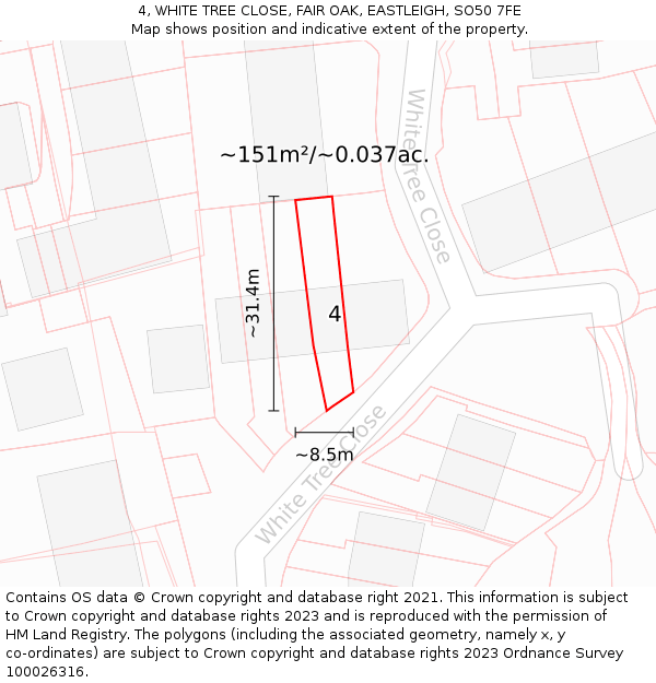 4, WHITE TREE CLOSE, FAIR OAK, EASTLEIGH, SO50 7FE: Plot and title map