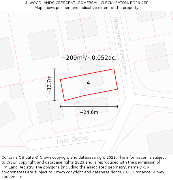 4, WOODLANDS CRESCENT, GOMERSAL, CLECKHEATON, BD19 4SP: Plot and title map