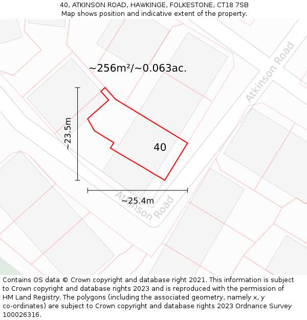 40, ATKINSON ROAD, HAWKINGE, FOLKESTONE, CT18 7SB: Plot and title map