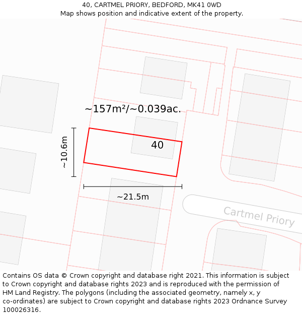 40, CARTMEL PRIORY, BEDFORD, MK41 0WD: Plot and title map