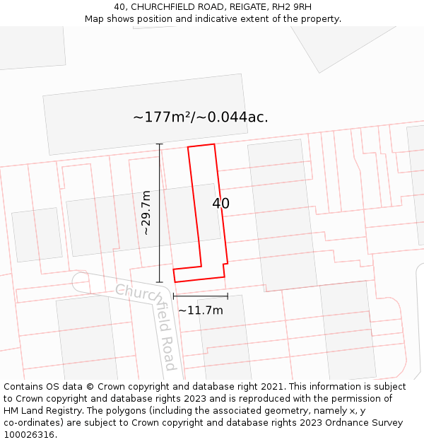 40, CHURCHFIELD ROAD, REIGATE, RH2 9RH: Plot and title map