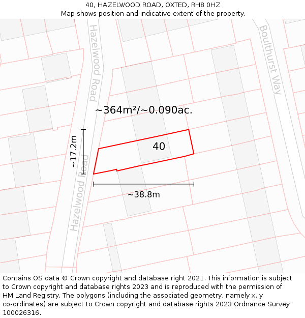 40, HAZELWOOD ROAD, OXTED, RH8 0HZ: Plot and title map