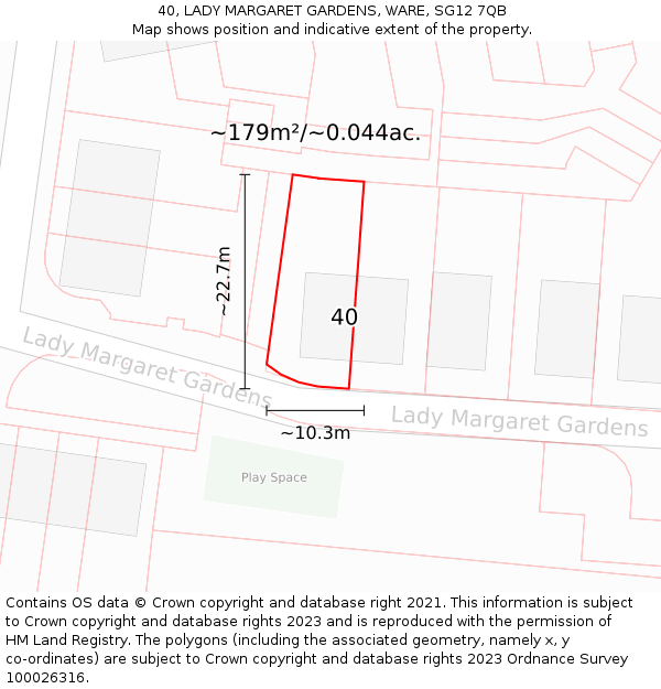 40, LADY MARGARET GARDENS, WARE, SG12 7QB: Plot and title map