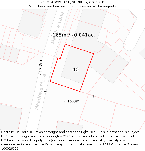 40, MEADOW LANE, SUDBURY, CO10 2TD: Plot and title map