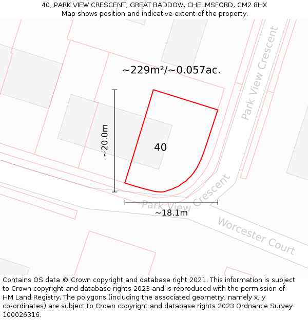 40, PARK VIEW CRESCENT, GREAT BADDOW, CHELMSFORD, CM2 8HX: Plot and title map