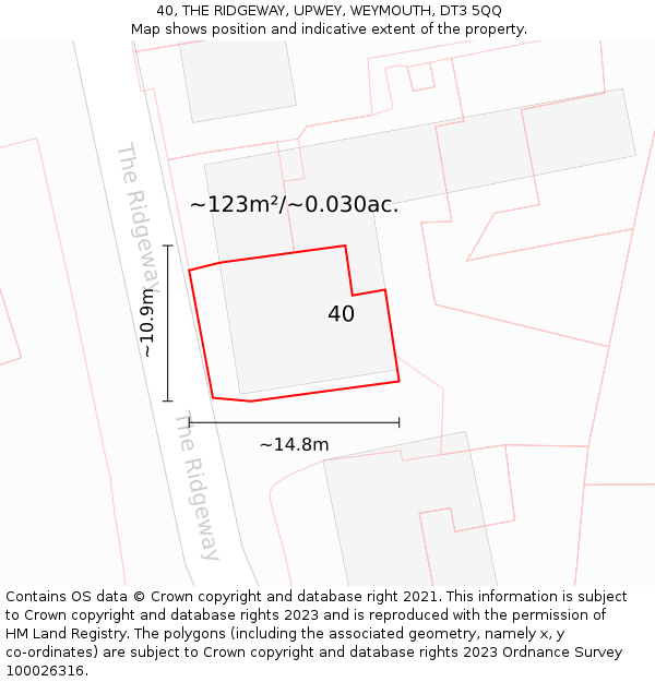 40, THE RIDGEWAY, UPWEY, WEYMOUTH, DT3 5QQ: Plot and title map