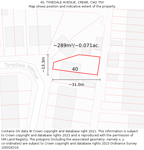 40, TYNEDALE AVENUE, CREWE, CW2 7NY: Plot and title map