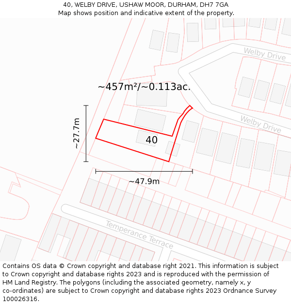 40, WELBY DRIVE, USHAW MOOR, DURHAM, DH7 7GA: Plot and title map