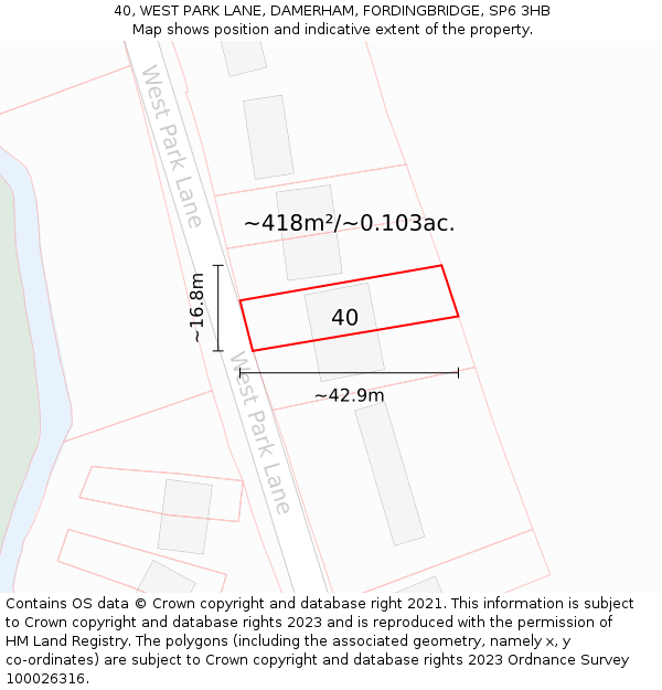 40, WEST PARK LANE, DAMERHAM, FORDINGBRIDGE, SP6 3HB: Plot and title map