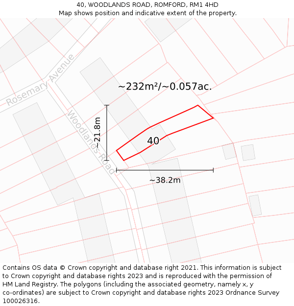 40, WOODLANDS ROAD, ROMFORD, RM1 4HD: Plot and title map